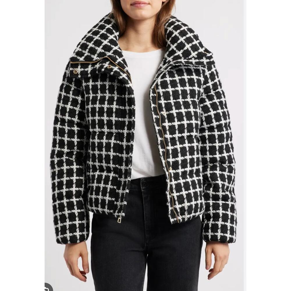 NWT BCBGMAXAZRIA Tweed quilted Puffer black and white tweed jacket size S